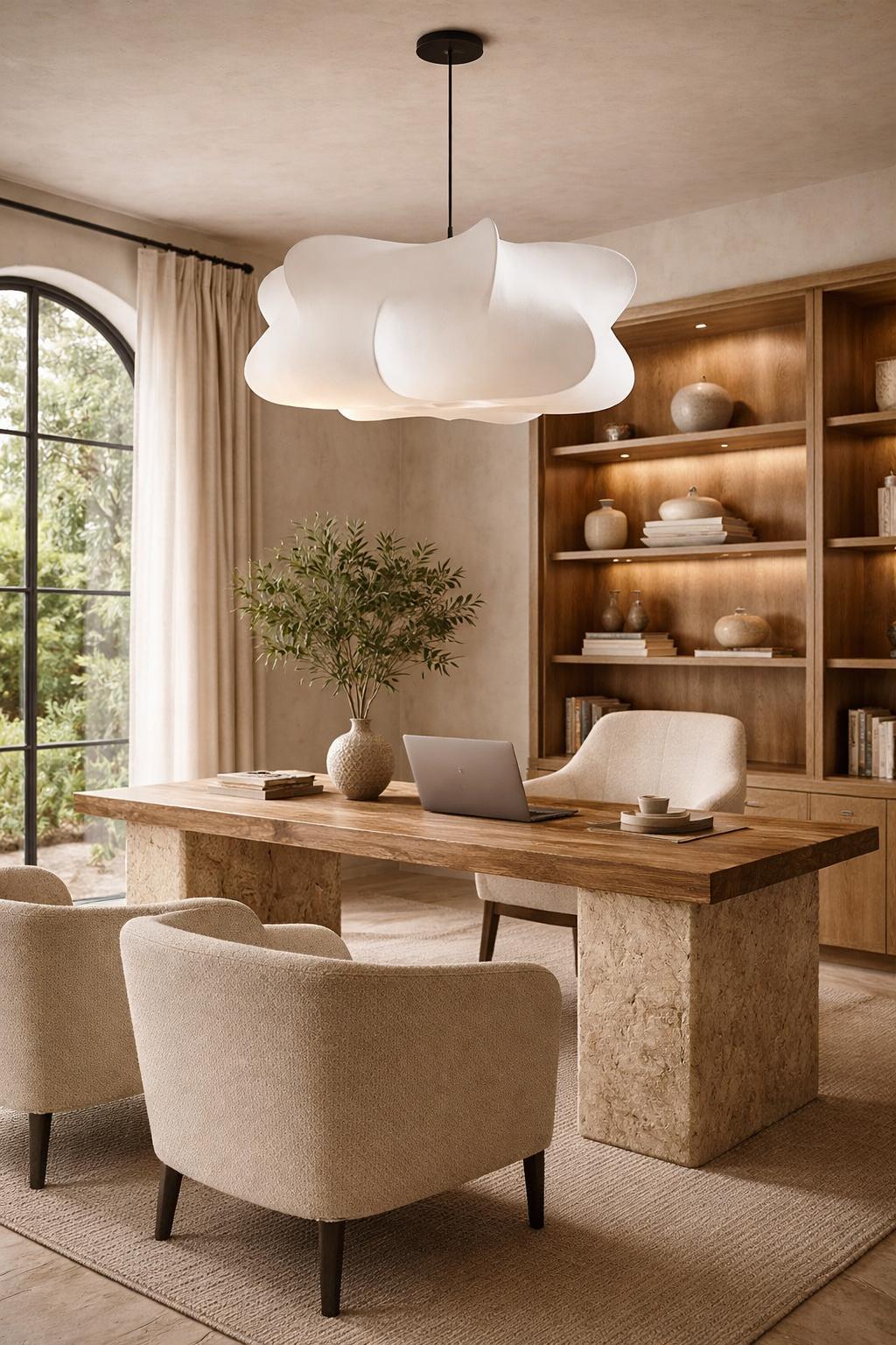 Suspension nuage soie bureau home office travertin bois wabi-sabi lumière naturelle – Atelier Fancy Light