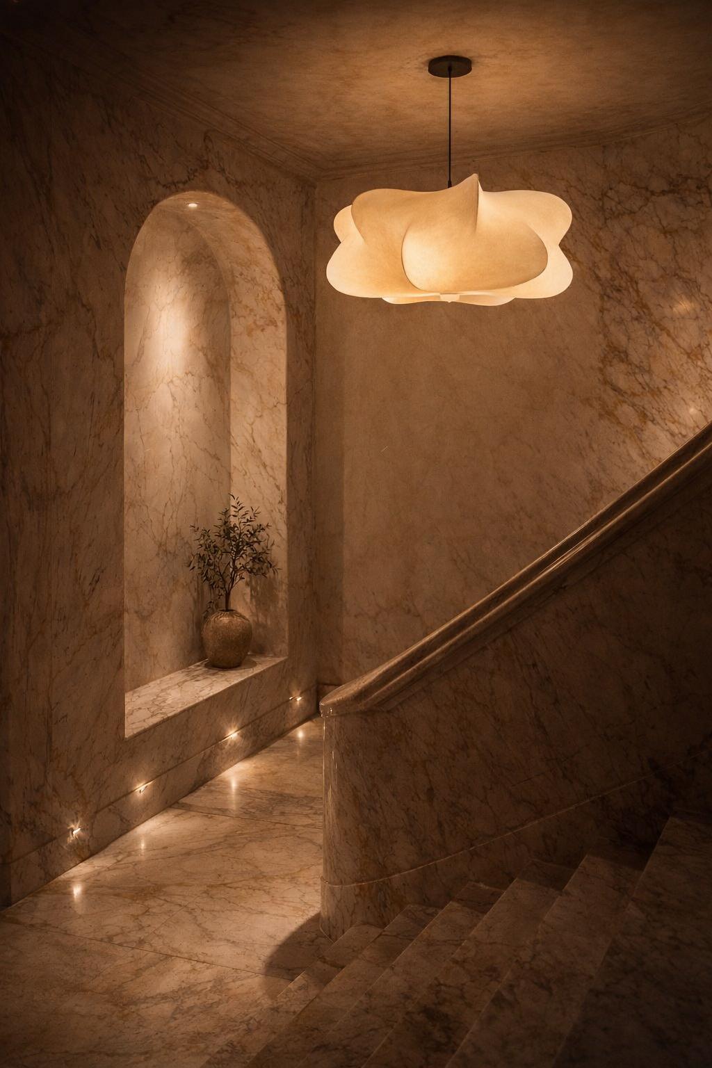 Suspension nuage soie couloir marbre luxe wabi-sabi arche lumière chaude premium – Atelier Fancy Light