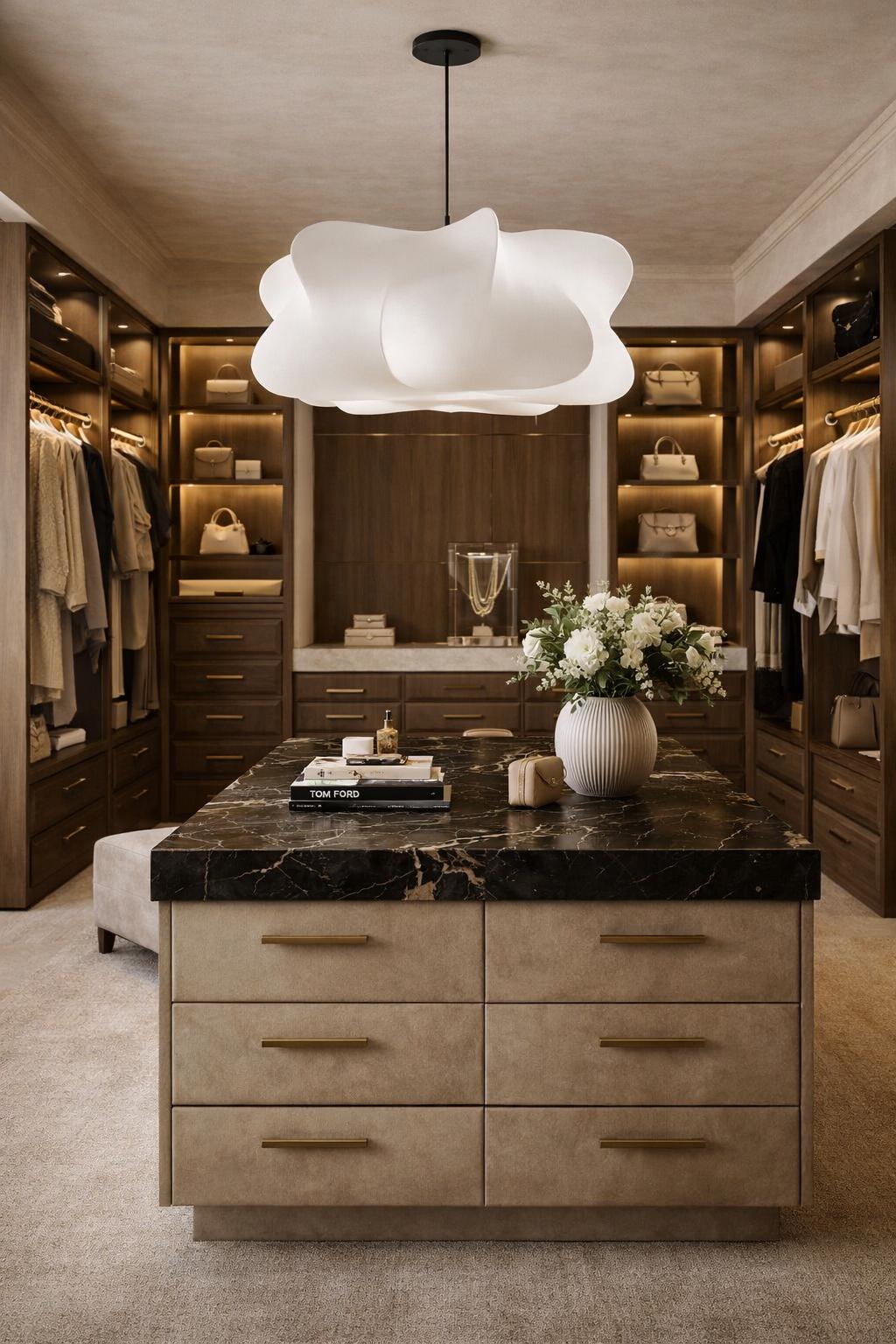 Suspension nuage soie dressing luxe bois foncé marbre wabi-sabi lumière douce E27 – Atelier Fancy Light