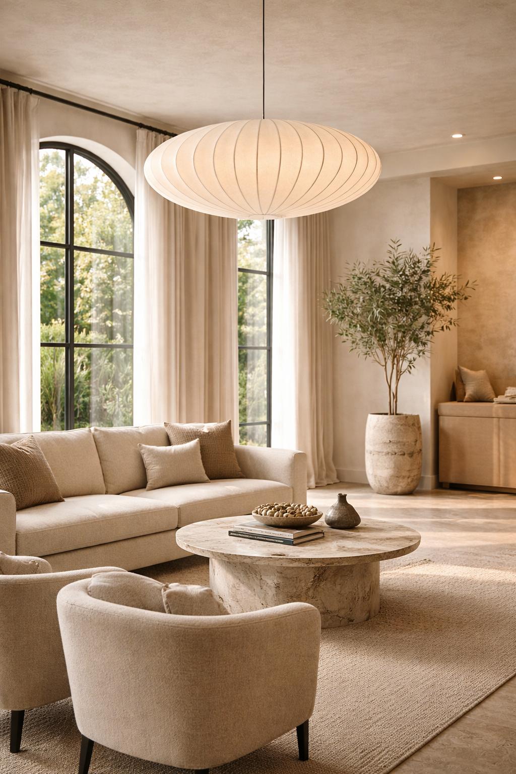 Silk pendant lamp ribbed lens-shaped shade modern lounge organic Wabi-Sabi décor – Atelier Fancy Light