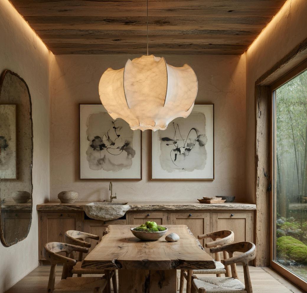 Lustre soie organique cuisine bois naturel japandi allumé – Atelier Fancy Light