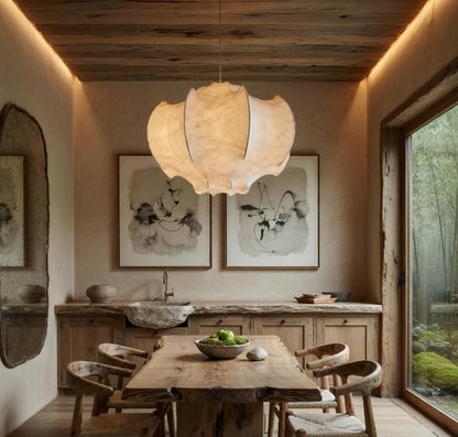 Lustre soie organique cuisine bois naturel japandi allumé – Atelier Fancy Light