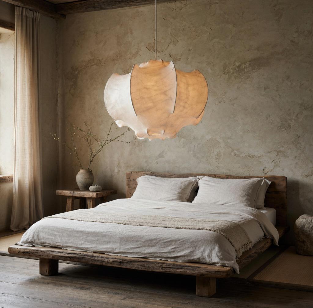 Suspension pétales soie chambre lit bois brut wabi-sabi – Atelier Fancy Light