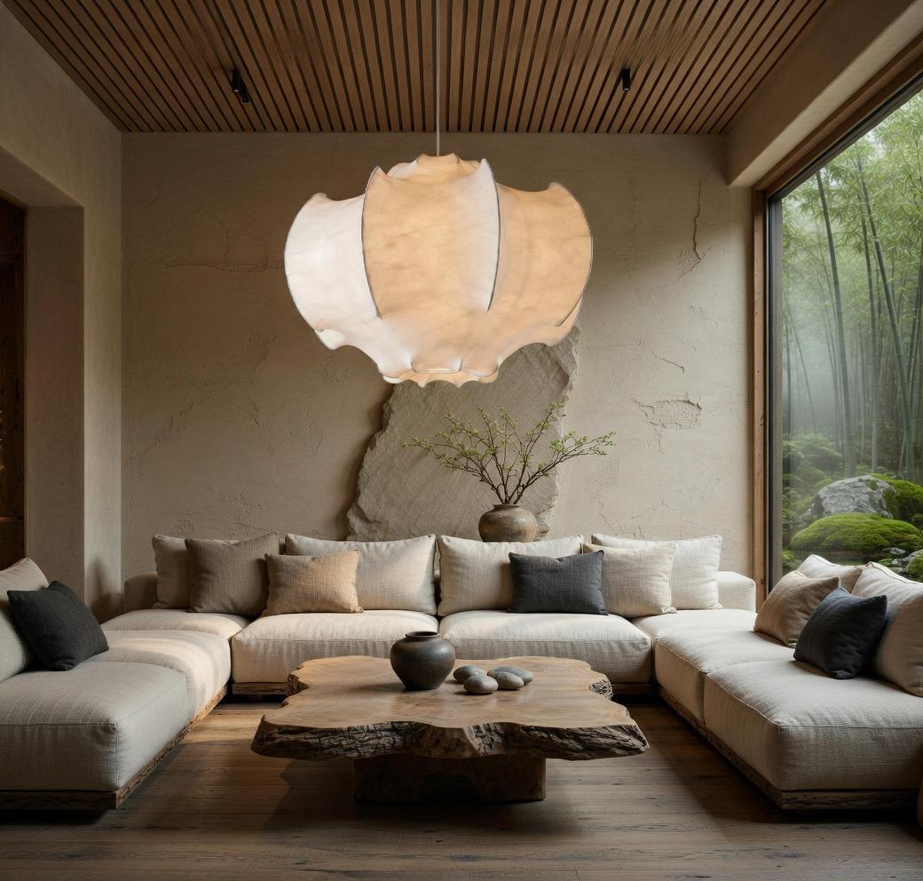 Suspension soie pétales grand salon japandi vue jardin bambou – Atelier Fancy Light