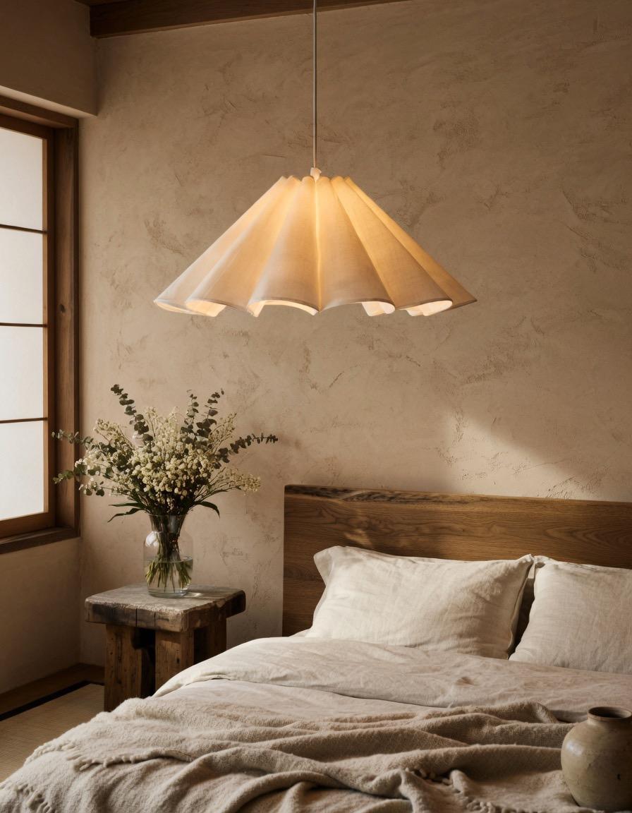 Suspension lin plissé chambre lit bois brut wabi-sabi – Atelier Fancy Light