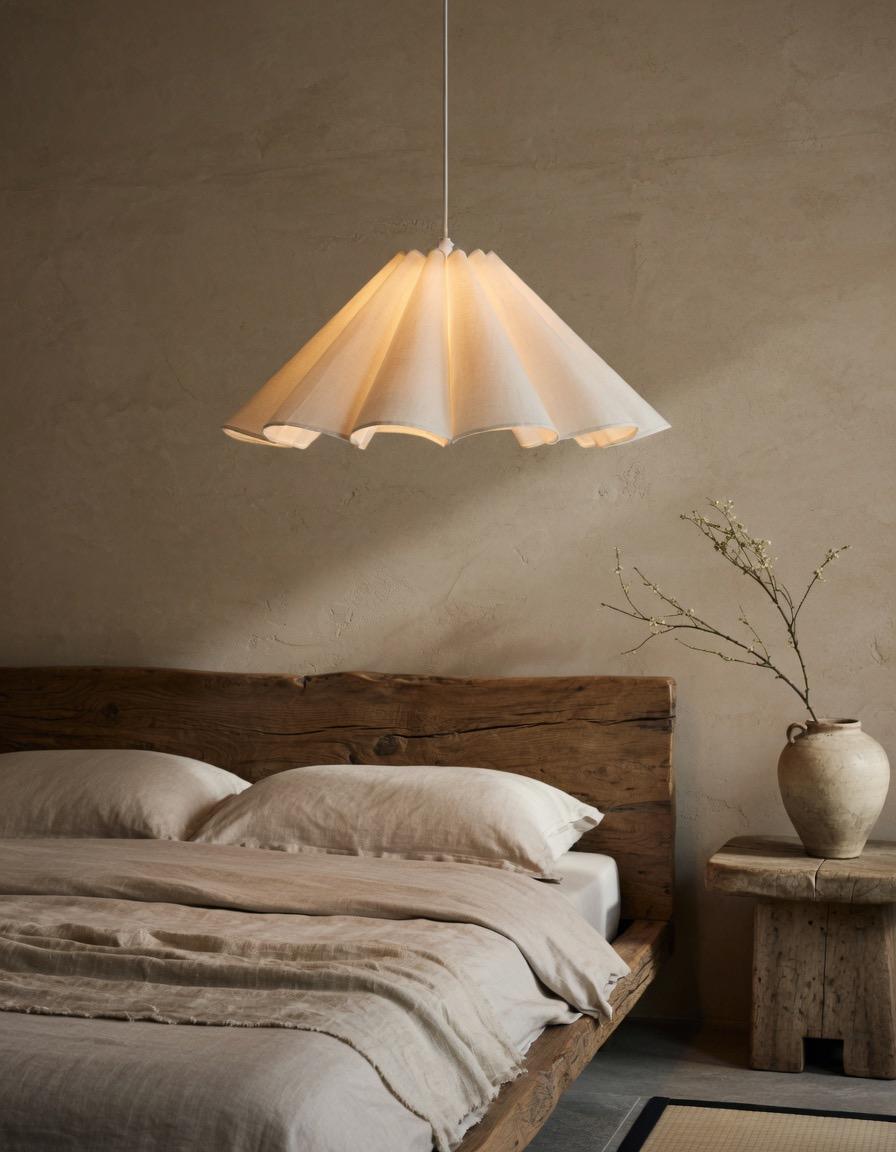 Suspension pétales lin allumée chambre lit bois massif japandi – Atelier Fancy Light