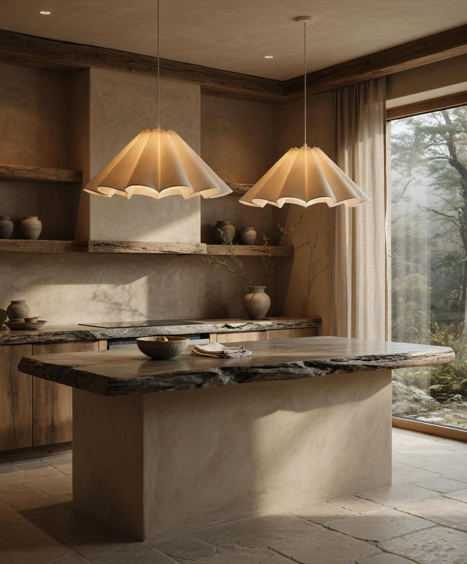 Duo suspension pétales lin japandi cuisine rustique lumière ambrée – Atelier Fancy Light