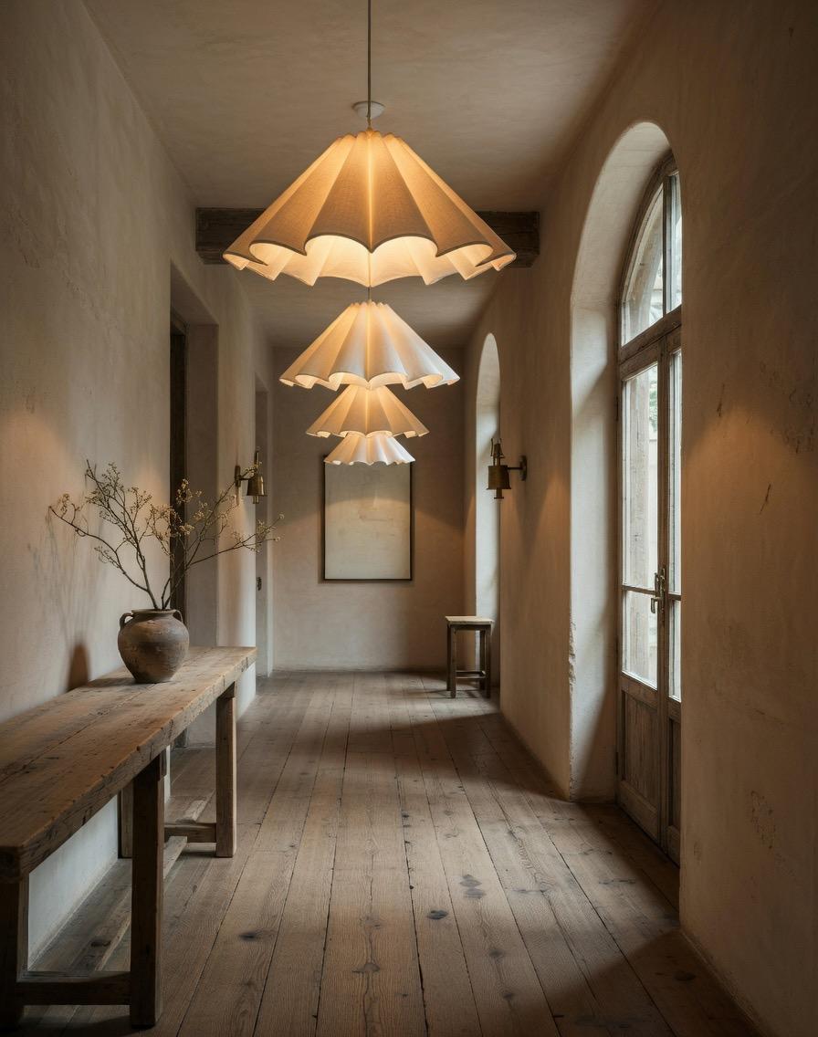 Trio suspension pétales lin couloir voûté lumière ambrée wabi-sabi – Atelier Fancy Light