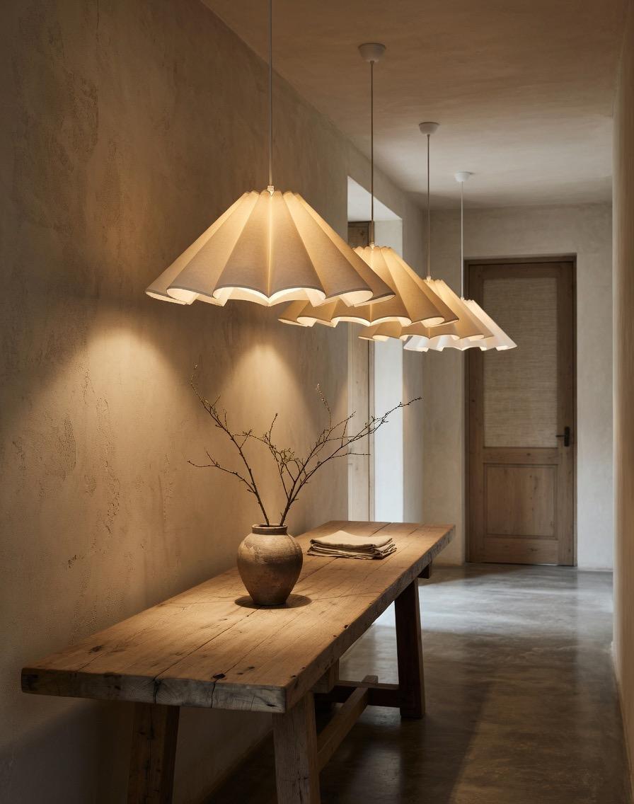 Trio lustre lin plissé entrée couloir japandi bois naturel – Atelier Fancy Light