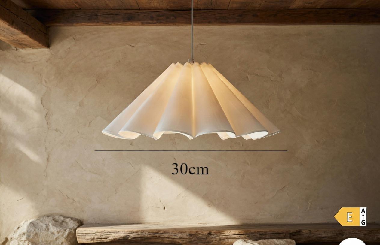 Suspension lin plissé 30cm dimensions ambiance pierre naturelle – Atelier Fancy Light