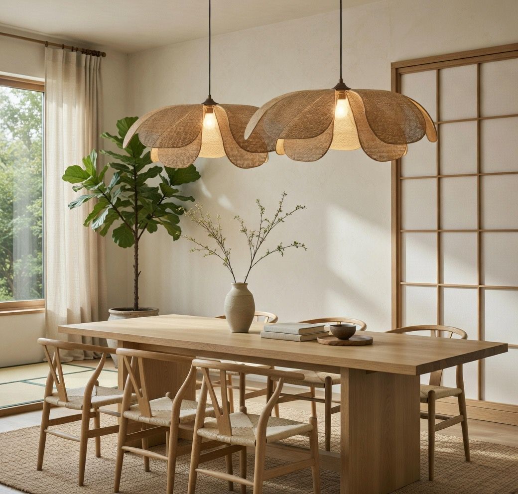 Suspension pétales rotin duo salle à manger Japandi shoji table bois naturel premium – Atelier Fancy Light