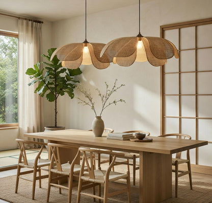 Suspension pétales rotin duo salle à manger Japandi shoji table bois naturel premium – Atelier Fancy Light