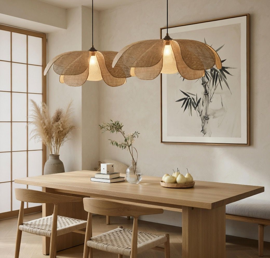 Suspension pétales rotin duo table à manger minimaliste Japandi intérieur naturel – Atelier Fancy Light