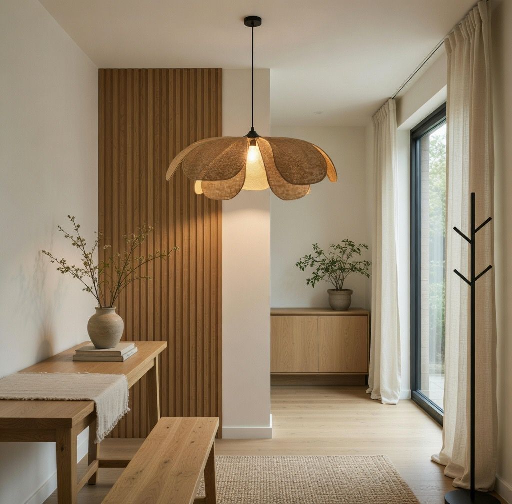 Suspension pétales rotin artisanal salon entrée Japandi bois clair lumière chaleureuse – Atelier Fancy Light