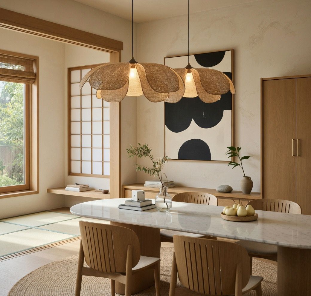 Suspension pétales rotin naturel double cuisine ouverte marbre Japandi artisanal E27 – Atelier Fancy Light
