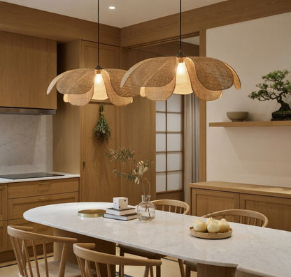 Suspension pétales rotin tissé main cuisine bois bonsaï duo Japandi lumière premium – Atelier Fancy Light