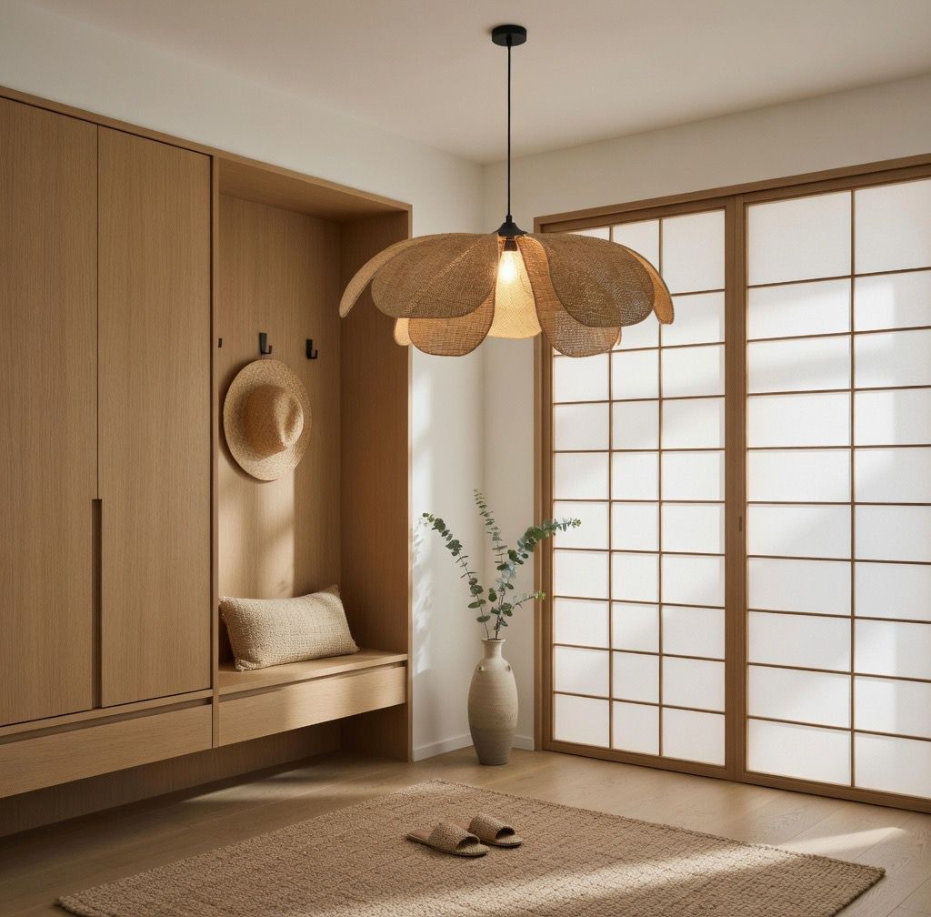Suspension pétales rotin entrée couloir Japandi shoji lumière filtrée naturelle E27 – Atelier Fancy Light