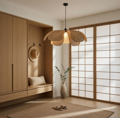 Suspension pétales rotin entrée couloir Japandi shoji lumière filtrée naturelle E27 – Atelier Fancy Light