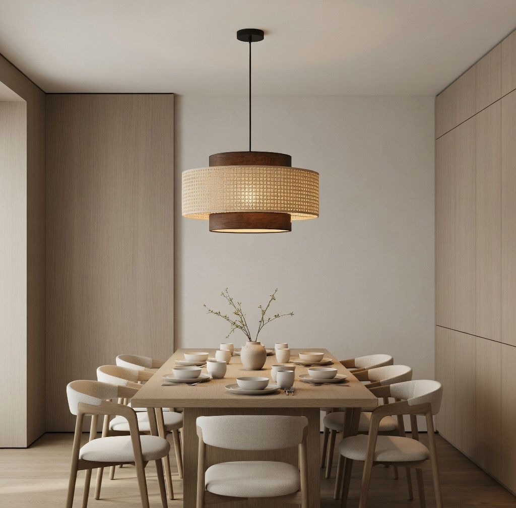 Suspension rotin double anneau japandi salle à manger brun – Atelier Fancy Light