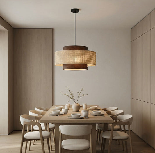 Suspension rotin double anneau japandi salle à manger brun – Atelier Fancy Light