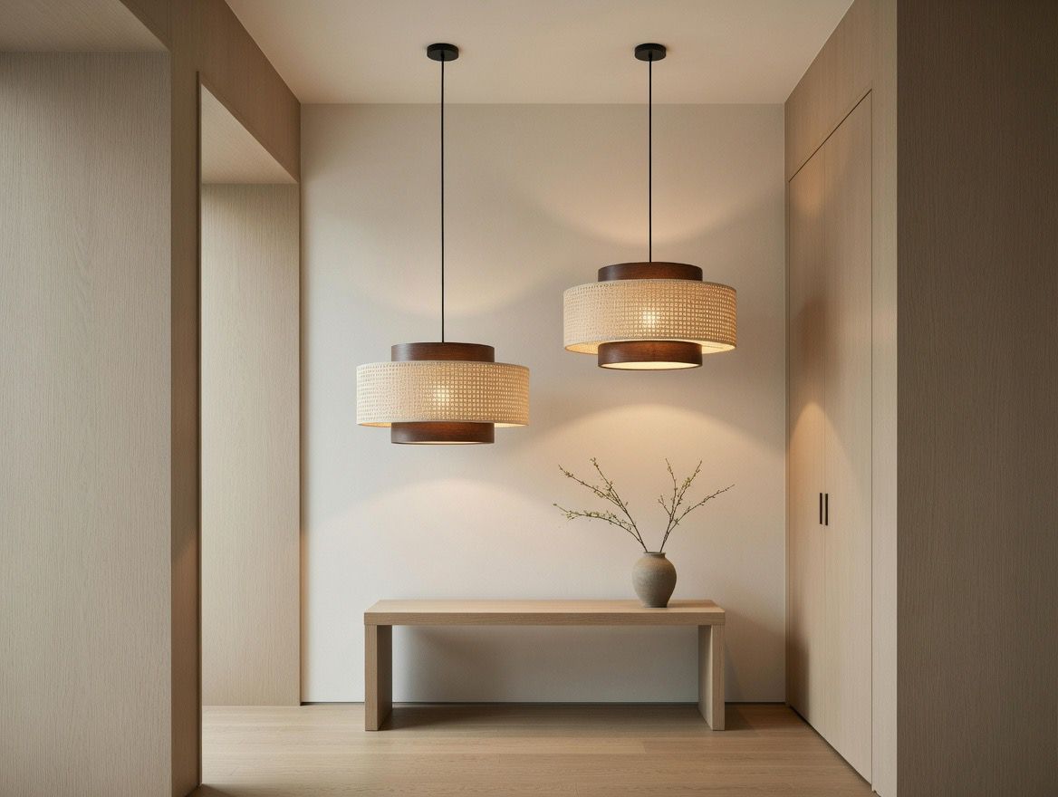 Duo suspension rotin double anneau entrée japandi allumée – Atelier Fancy Light