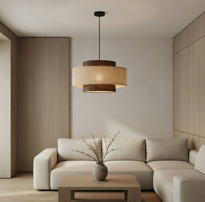 Lustre rotin tissé main salon minimaliste japandi brun – Atelier Fancy Light