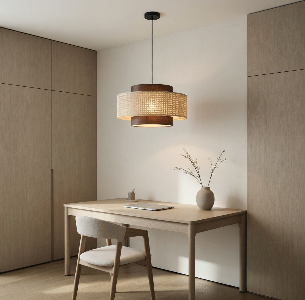 Suspension rotin bicolore bureau japonais lumière chaude – Atelier Fancy Light
