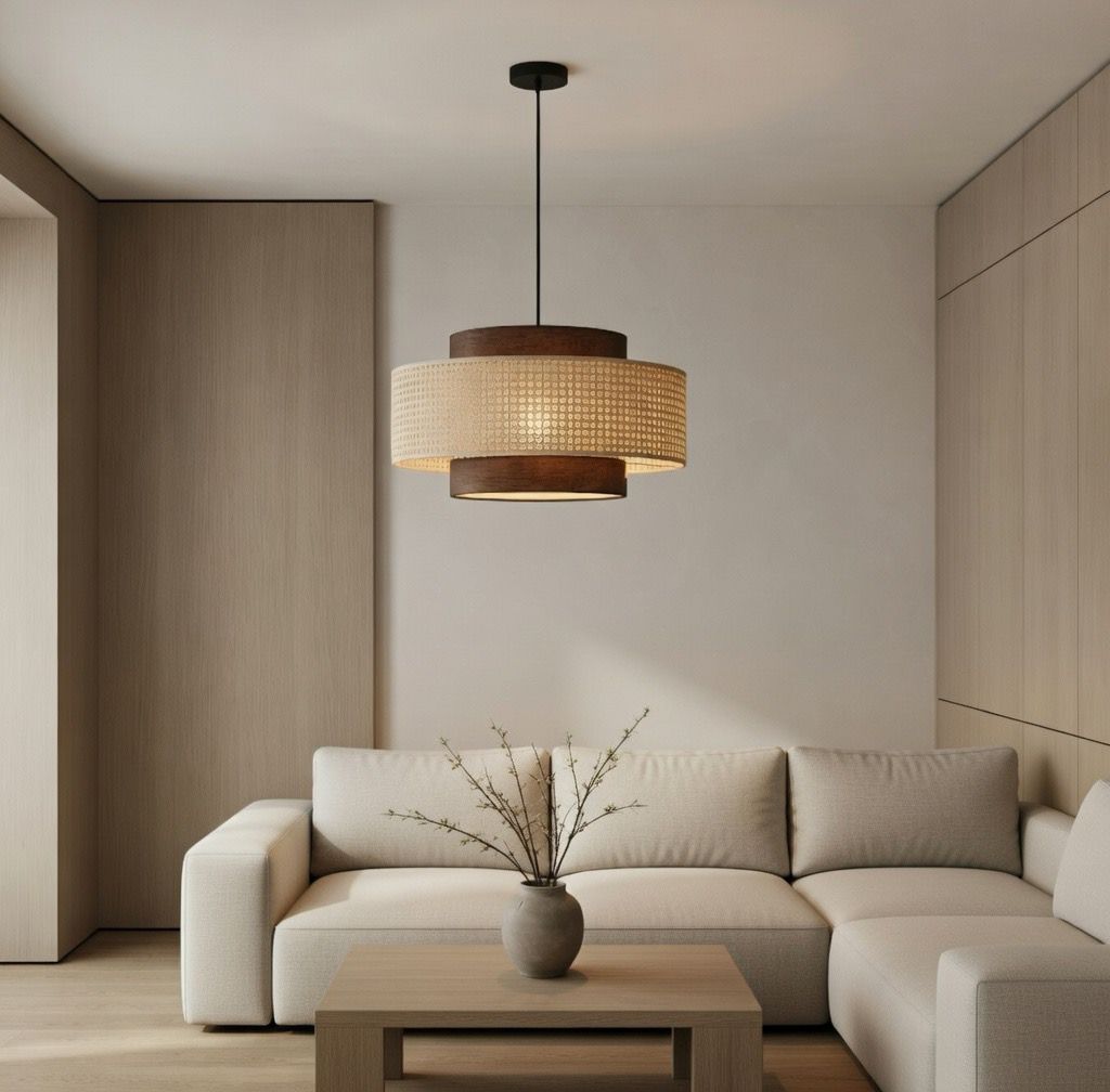Suspension rotin tissé main salon canapé beige lumière douce – Atelier Fancy Light