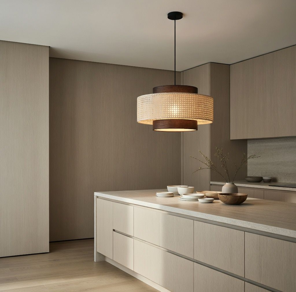 Suspension rotin japandi cuisine îlot bois lumière ambrée – Atelier Fancy Light