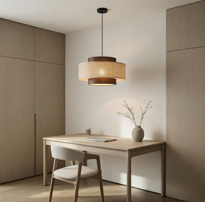 Suspension rotin japandi bureau scandinave lumière chaude – Atelier Fancy Light