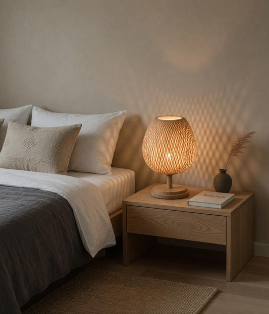 Woven bamboo table lamp bedside japandi shadow pattern warm light 2700K – Atelier Fancy Light