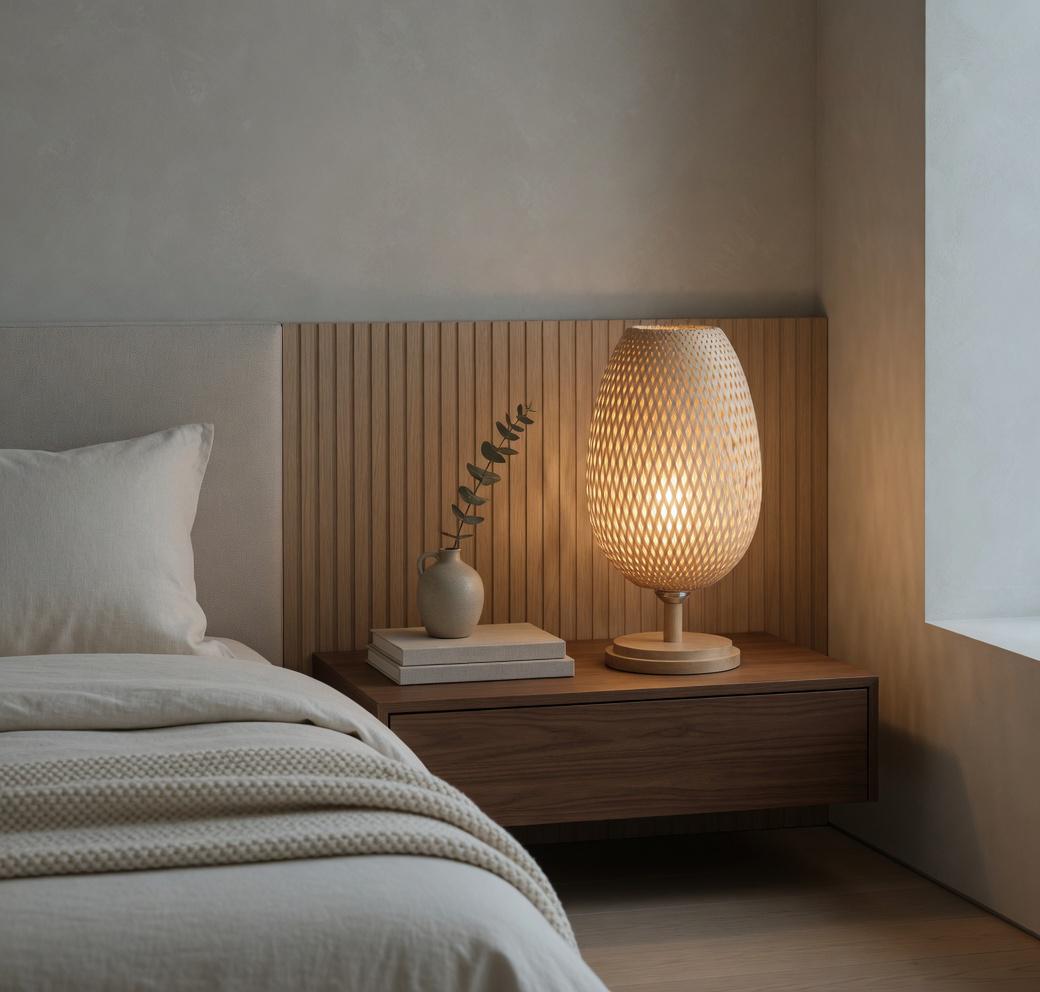 Woven bamboo table lamp chevet panneau bois ombres diamant japandi 2700K E27 – Atelier Fancy Light