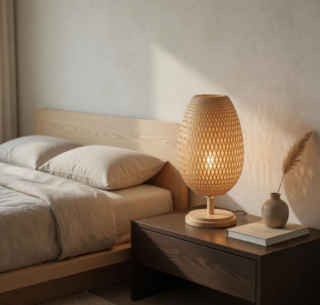 Woven bamboo table lamp chevet wabi-sabi halo ambré ombres organiques 2700K – Atelier Fancy Light