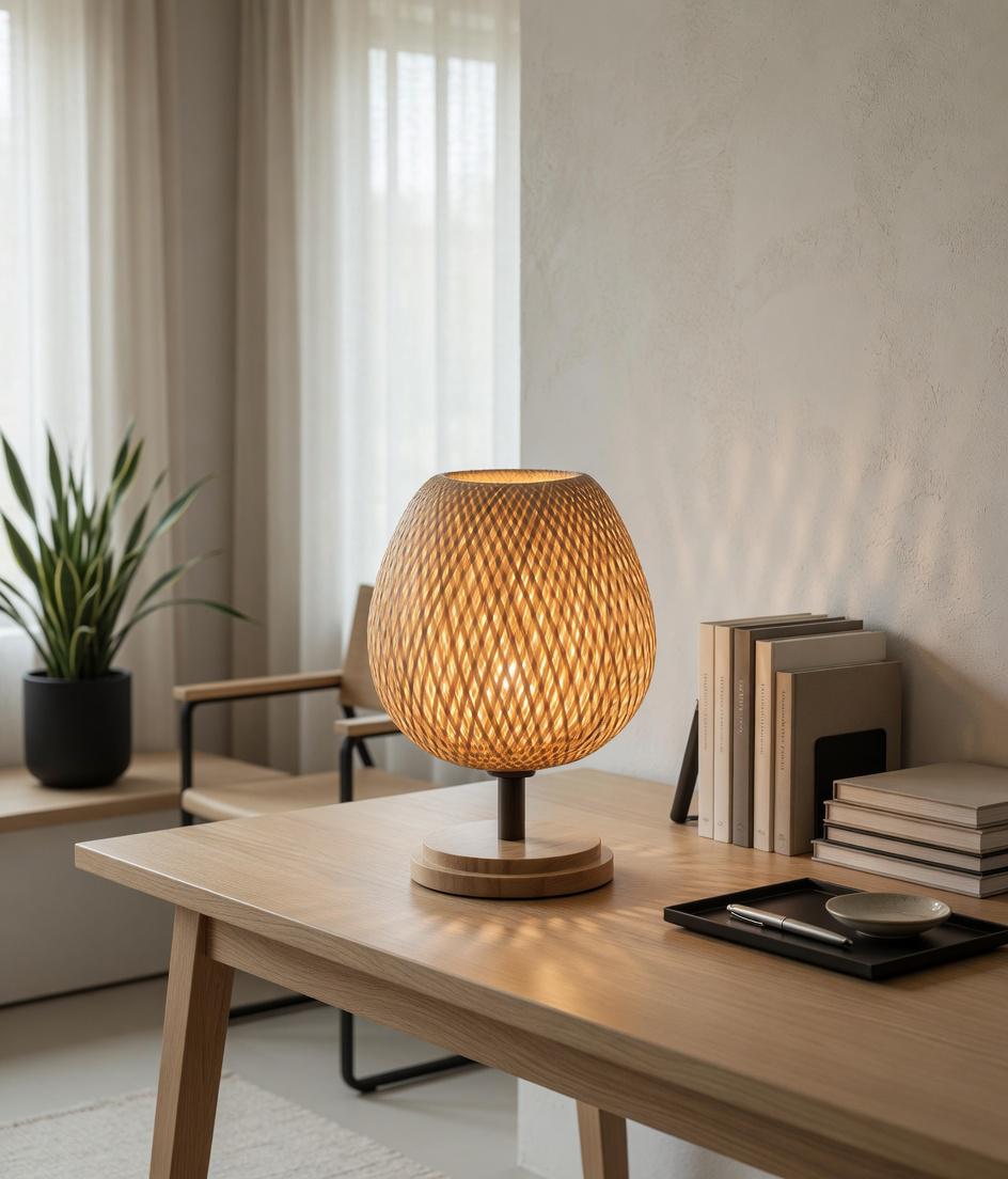 Woven bamboo table lamp bureau scandinave japandi livres lumière chaude E27 – Atelier Fancy Light