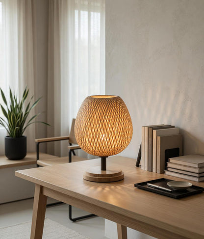 Woven bamboo table lamp bureau scandinave japandi livres lumière chaude E27 – Atelier Fancy Light