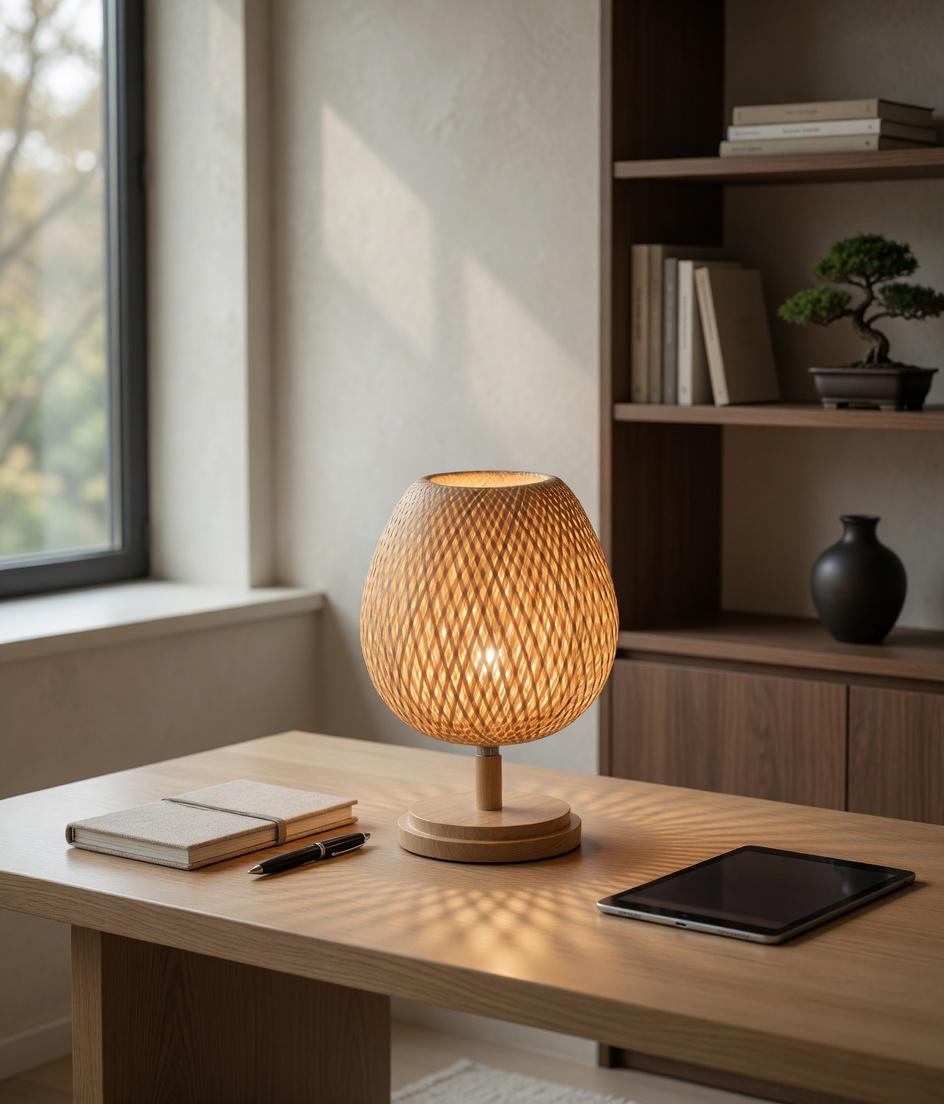 Woven bamboo table lamp bureau bonsaï japandi lumière chaude shadow art E27 – Atelier Fancy Light