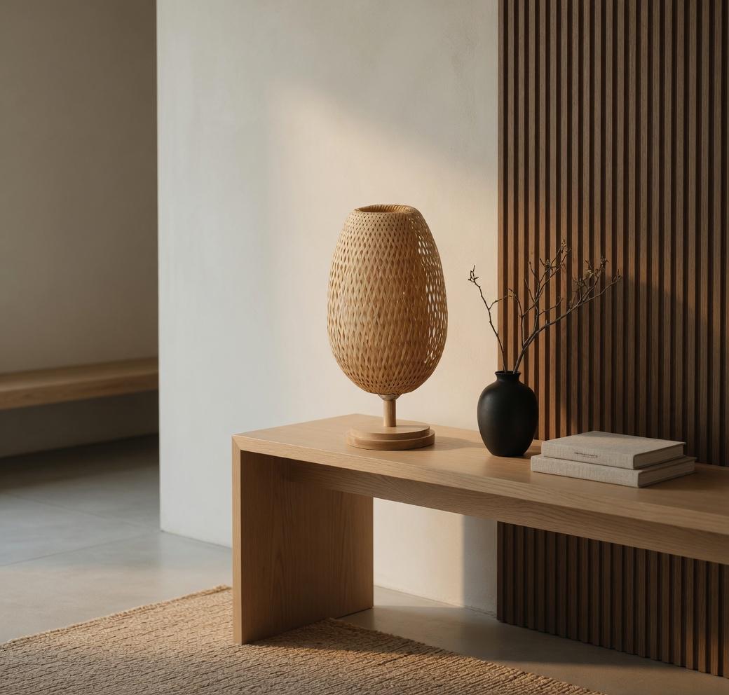 Woven bamboo table lamp console cannelée japandi vase noir lumière rasante naturelle – Atelier Fancy Light
