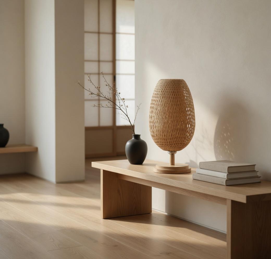 Woven bamboo table lamp console bois épuré japandi branche sèche lumière naturelle – Atelier Fancy Light