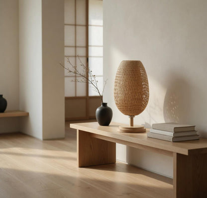 Woven bamboo table lamp console bois épuré japandi branche sèche lumière naturelle – Atelier Fancy Light