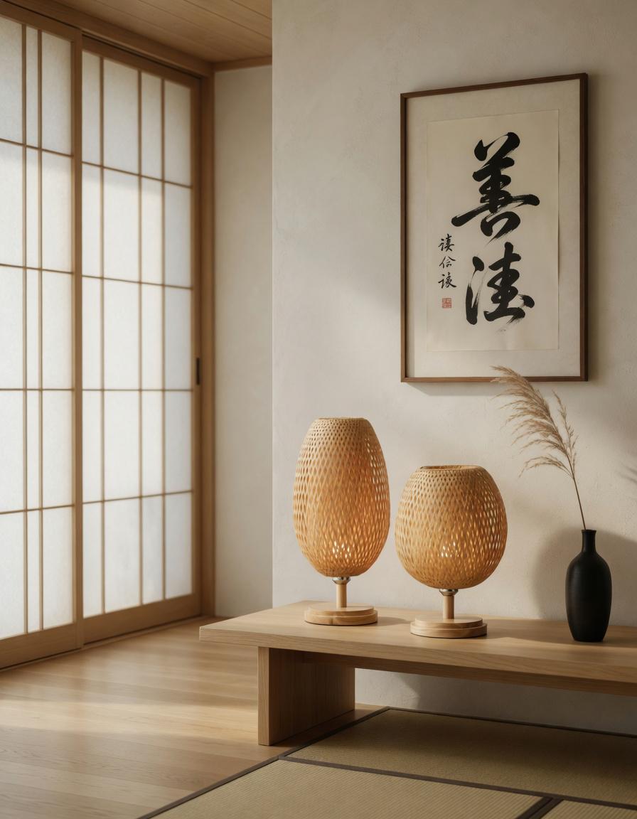 Woven bamboo table lamp duo tailles shoji calligraphie japonaise japandi artisanal – Atelier Fancy Light