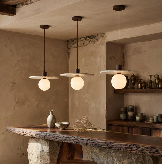 Suspension marbre globe opalin Wabi-Sabi Japandi Ø30 cm culot E27 – Atelier Fancy Light