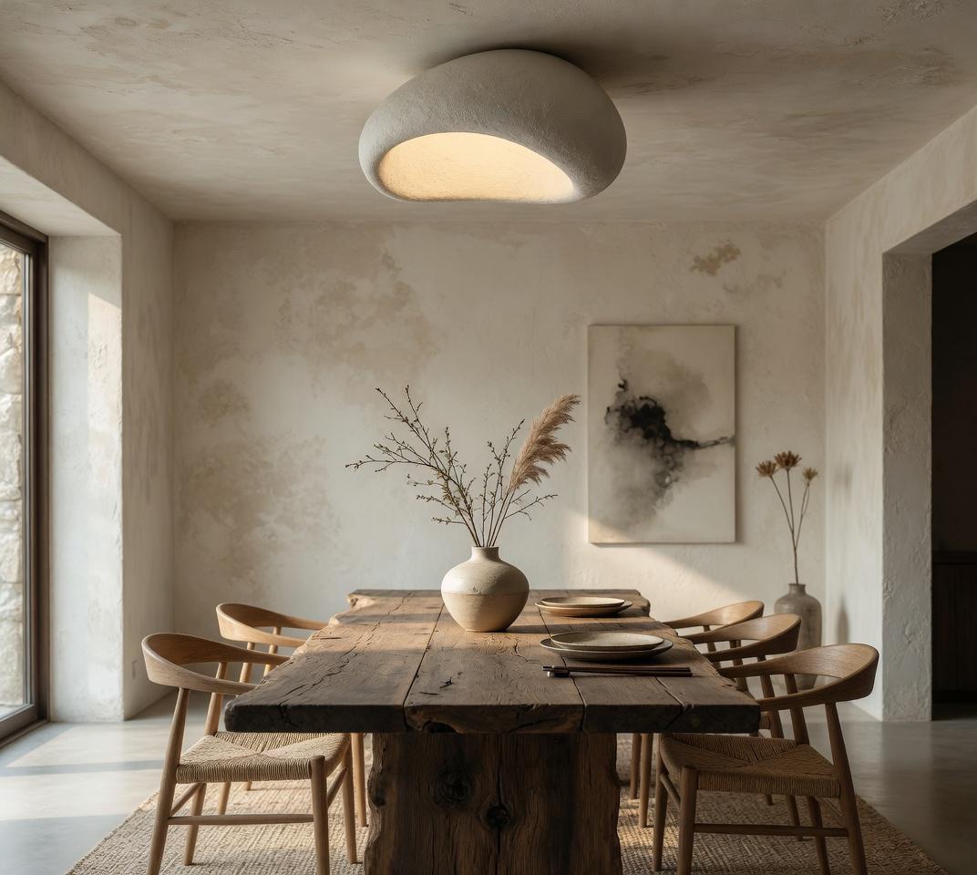 Plafonnier galet Wabi-Sabi dans salle à manger méditerranéenne, table bois brut et chaises rotin