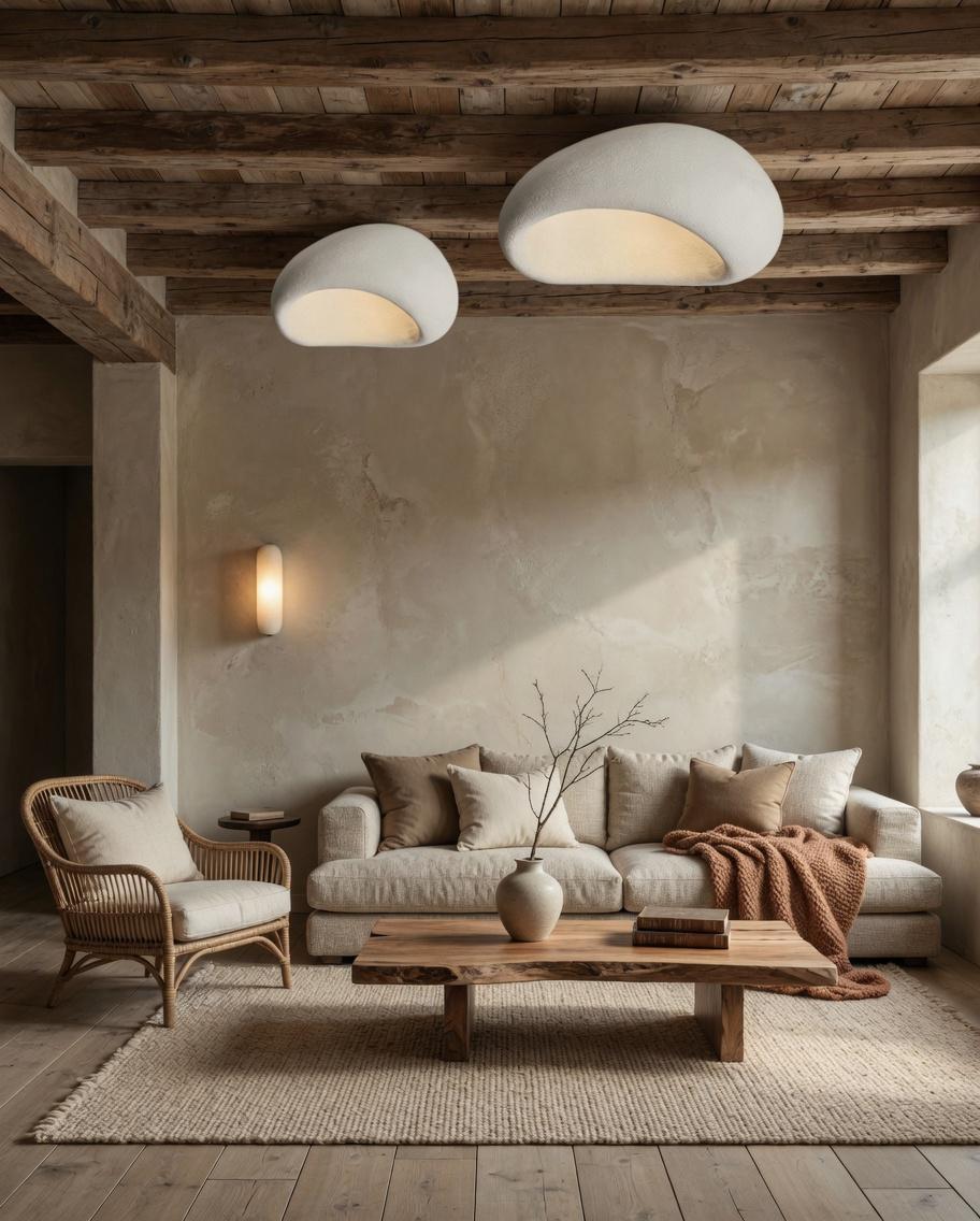 Deux plafonniers galets organiques au plafond avec poutres bois, salon Wabi-Sabi rustique chic