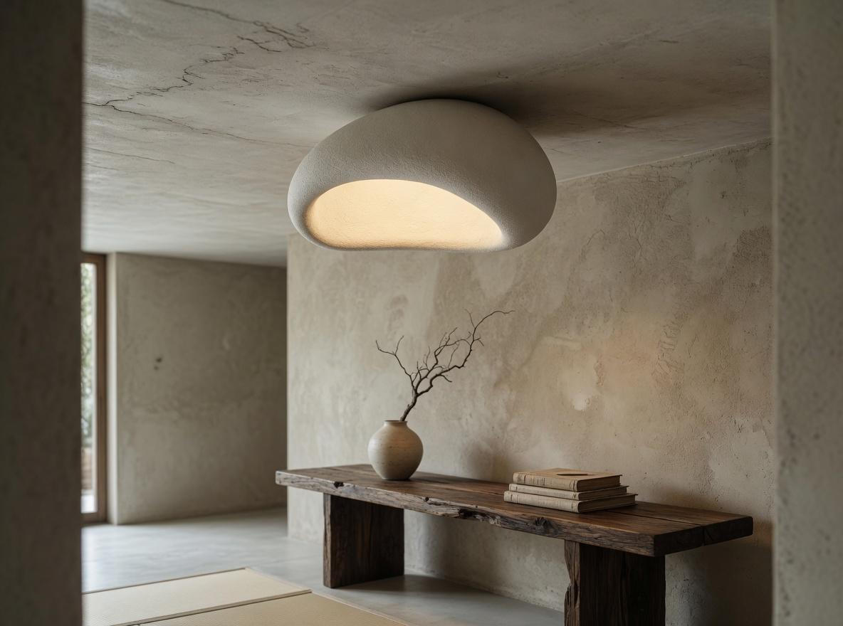 Plafonnier galet organique Wabi-Sabi dans entrée Japandi, console en bois et pampa