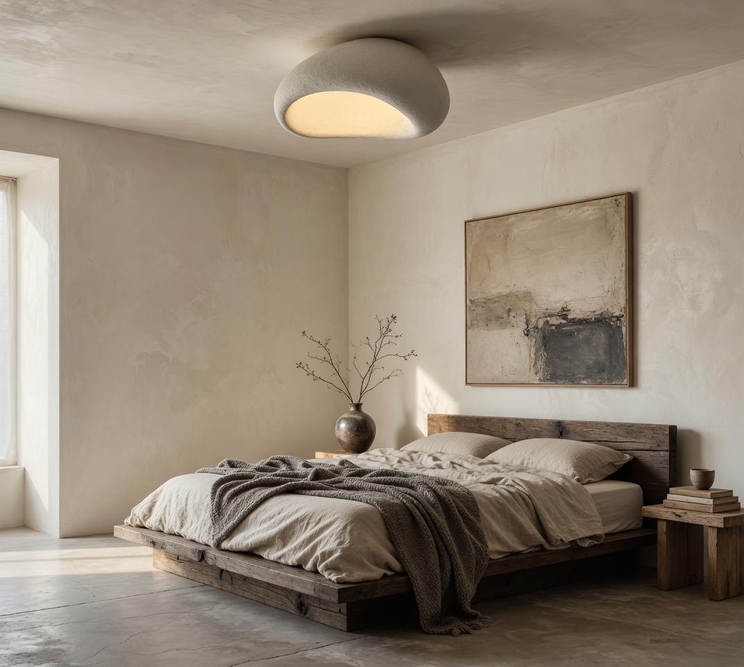 Plafonnier galet organique Wabi-Sabi dans chambre Japandi, lit bois brut et art abstrait