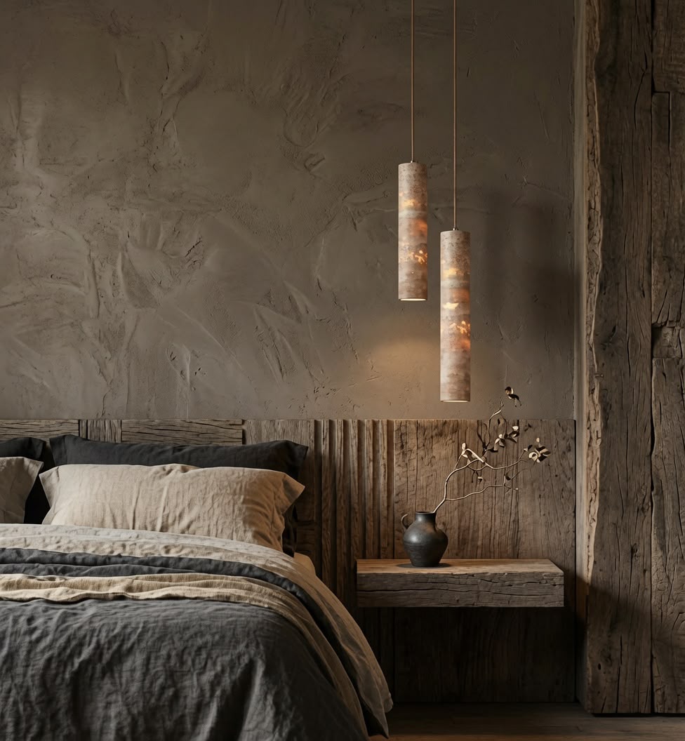 Travertin-Pendelleuchte Zylinder – Goldenes Licht Wabi-Sabi