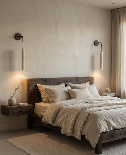 Rosace noyer massif applique travertin cylindre texture pierre naturelle Wabi-Sabi – Atelier Fancy Light