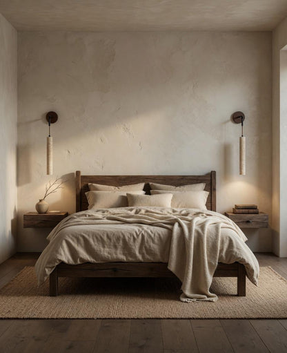 Paire appliques travertin cylindre bras noyer chevet chambre Japandi Wabi-Sabi – Atelier Fancy Light