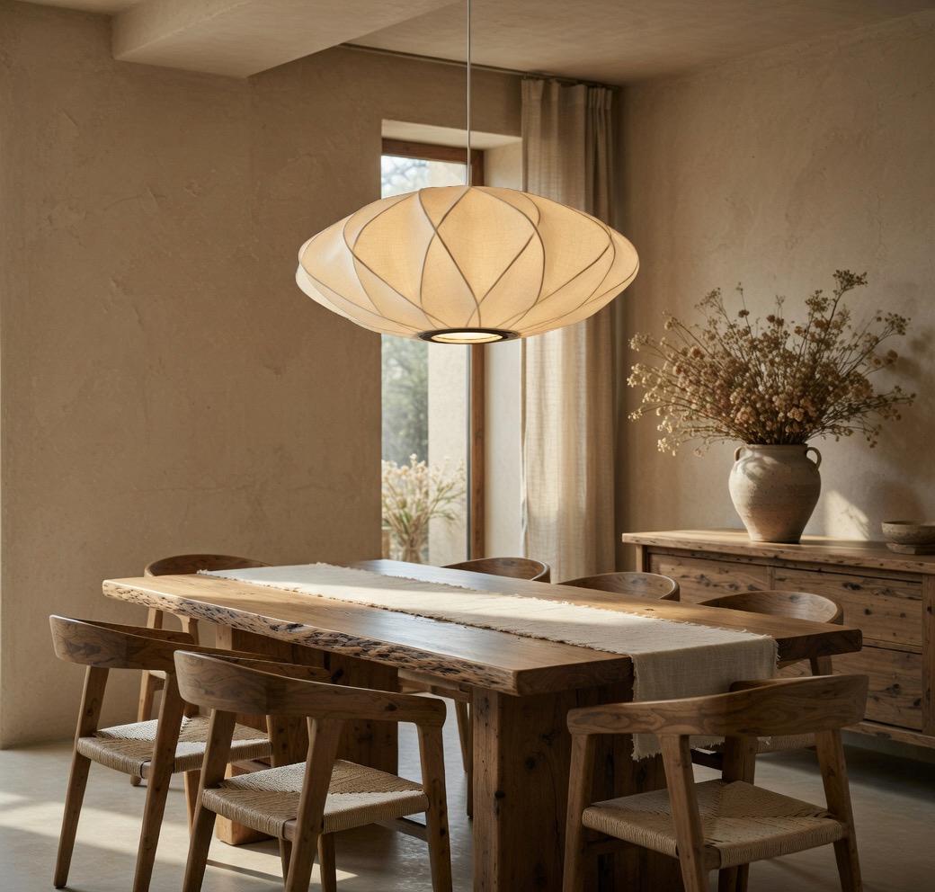 Suspension soie ovale cocon Ø60 cm salle à manger lumière tamisée Wabi-Sabi Japandi – Atelier Fancy Light