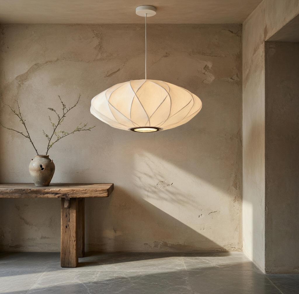 Suspension soie naturelle cocon ovale texture artisanale matière organique Wabi-Sabi – Atelier Fancy Light